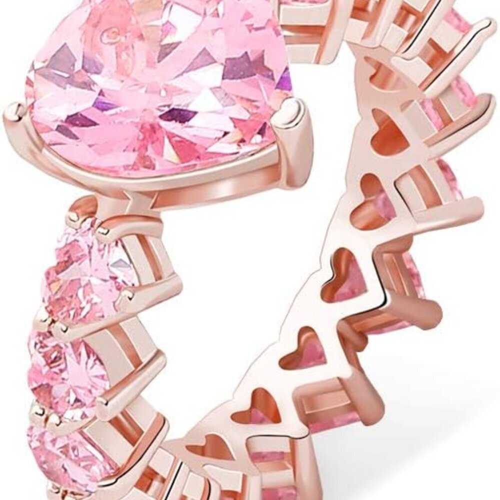 Pink Heart Baguette Rings 14K Silver-Plated 5A+ Cubic Zirconia Iced Out Bling Pr